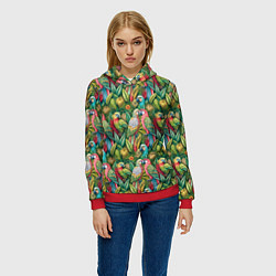 Толстовка-худи женская Влюбленные попугаи в листьях, цвет: 3D-красный — фото 2