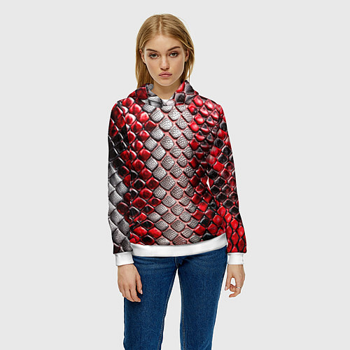 Женская толстовка Змеиная объемная текстурная красная кожа / 3D-Белый – фото 3