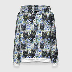 Толстовка-худи женская Черные коты в незабудках, цвет: 3D-белый