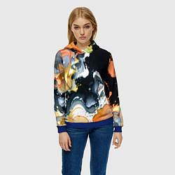 Толстовка-худи женская Белые и персиковые разводы на черном фоне, цвет: 3D-синий — фото 2