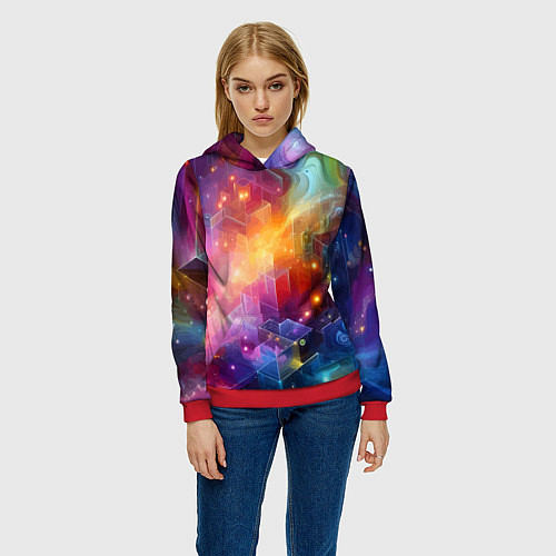 Женская толстовка Геометрический неоновый космос - нейросеть / 3D-Красный – фото 3
