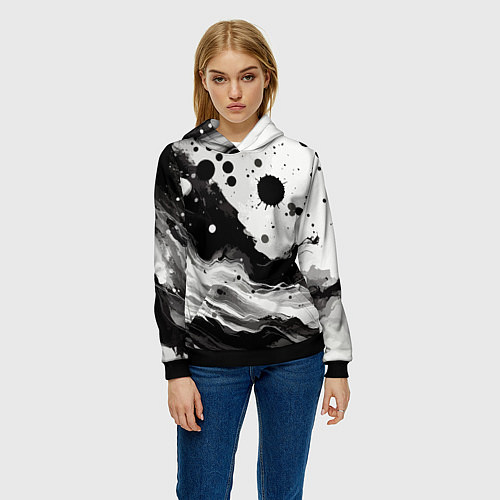 Женская толстовка Чёрно-белая абстракция - кляксы / 3D-Черный – фото 3