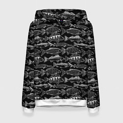 Толстовка-худи женская Черно белые рыбы, цвет: 3D-белый