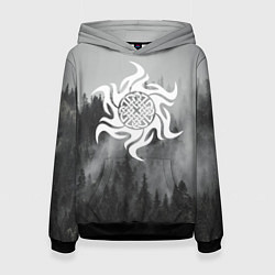 Толстовка-худи женская Славянский символ - оберег и лес в тумане, цвет: 3D-черный