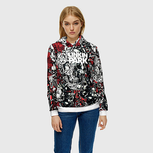 Женская толстовка Linkin Park на фоне татуировки черепов и скелетов / 3D-Белый – фото 3