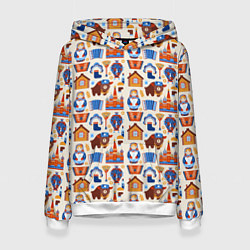 Толстовка-худи женская Славянский узор с матрёшкой - русская душа паттерн, цвет: 3D-белый