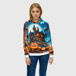 Толстовка-худи женская Ночь Хэллоуина тыквы и замок, цвет: 3D-белый — фото 2