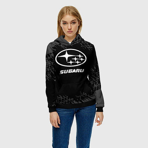 Женская толстовка Subaru speed на темном фоне со следами шин / 3D-Черный – фото 3