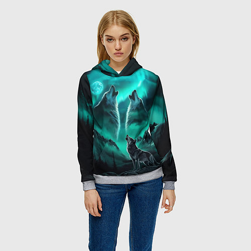 Женская толстовка Волки воют на луну и северное сияние / 3D-Меланж – фото 3