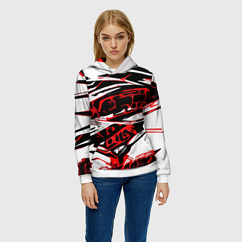 Женская толстовка Красно-чёрная агрессивная абстракция на белом фоне / 3D-Белый – фото 3