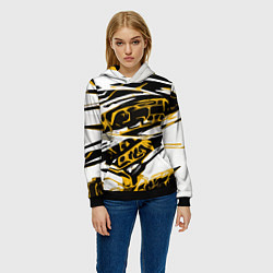 Толстовка-худи женская Жёлто-чёрная агрессивная абстракция на белом фоне, цвет: 3D-черный — фото 2