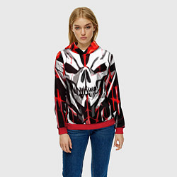 Толстовка-худи женская Белый череп и красные полосы на чёрном фоне, цвет: 3D-красный — фото 2
