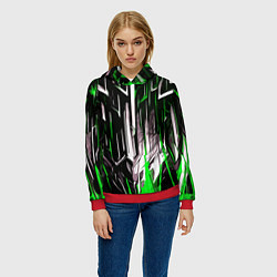 Толстовка-худи женская Зелёно-белые вертикальные полосы на чёрном фоне, цвет: 3D-красный — фото 2
