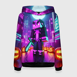 Толстовка-худи женская Чувак с мечом в неоновом городе - Майнкрафт, цвет: 3D-черный