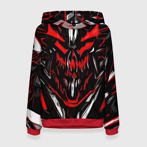 Женская толстовка Красно-белое абстрактное лицо на чёрном фоне / 3D-Красный – фото 1