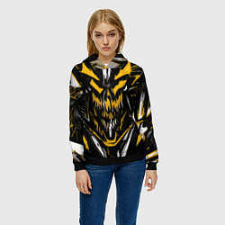 Толстовка-худи женская Жёлто-белое абстрактное лицо на чёрном фоне, цвет: 3D-черный — фото 2