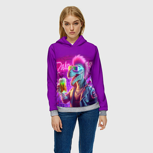 Женская толстовка Панк динозавр с кружкой пива - неоновое свечение / 3D-Меланж – фото 3