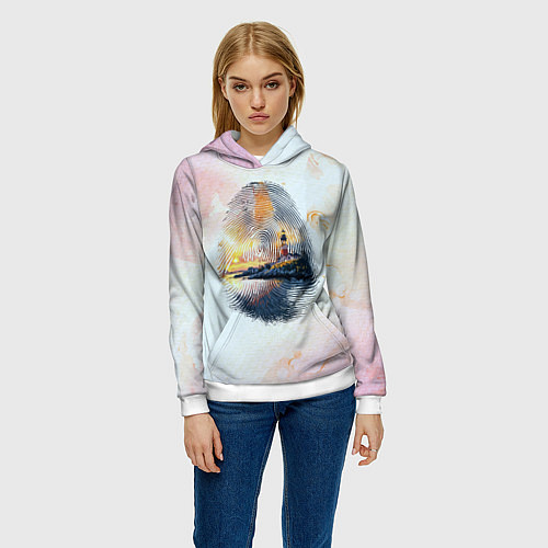 Женская толстовка Маяк у моря на закате в отпечатке пальца / 3D-Белый – фото 3