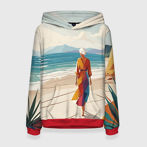 Женская толстовка Летний пейзаж с женщиной на пляже / 3D-Красный – фото 1