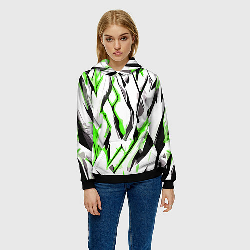 Женская толстовка Чёрно-зелёные агрессивные полосы на белом фоне / 3D-Черный – фото 3