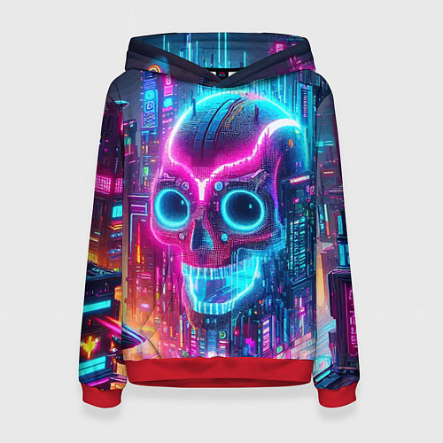 Женская толстовка Neon skull in metropolis - future / 3D-Красный – фото 1