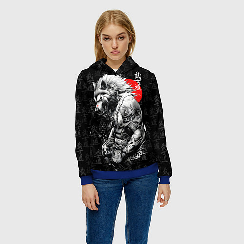 Женская толстовка Волк воин - японская гравюра / 3D-Синий – фото 3