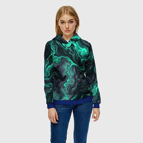 Женская толстовка Бирюзовый мрамор на черном фоне / 3D-Синий – фото 3