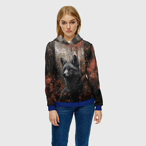 Женская толстовка Черный лис в пасмурном лесу / 3D-Синий – фото 3