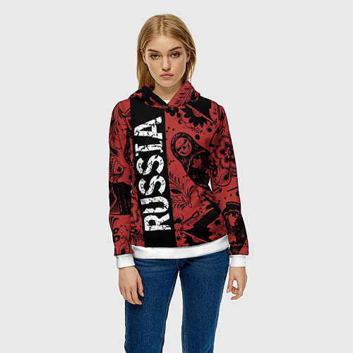 Женская толстовка Россия на фоне матрёшек балалайки и славянских узо / 3D-Белый – фото 3