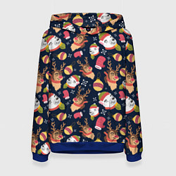 Толстовка-худи женская Новогодний детский паттерн с животными, цвет: 3D-синий