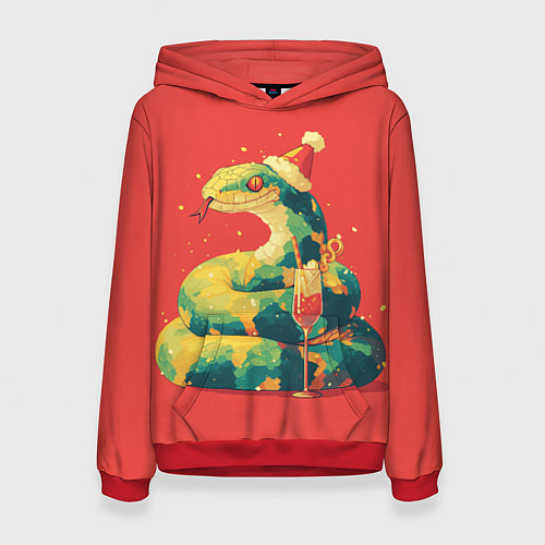 Женская толстовка Новогодняя змея с бокалом шампанского / 3D-Красный – фото 1