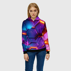 Толстовка-худи женская Трехмерные соты с эффектом неона, цвет: 3D-черный — фото 2