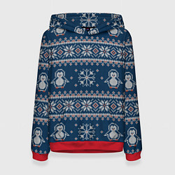 Толстовка-худи женская Вязаный зимний узор с милыми пингвинами, цвет: 3D-красный