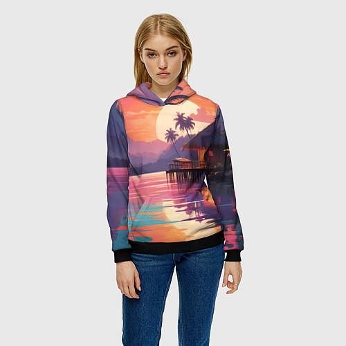 Женская толстовка Летний домик пальмы закат / 3D-Черный – фото 3