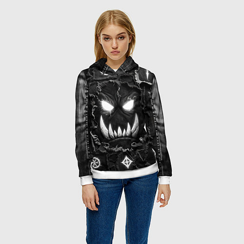 Женская толстовка Голова Орка на джинсах пэчворк / 3D-Белый – фото 3