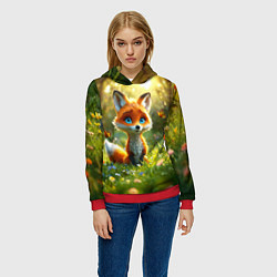 Толстовка-худи женская Рыжая лисичка и бабочки, цвет: 3D-красный — фото 2