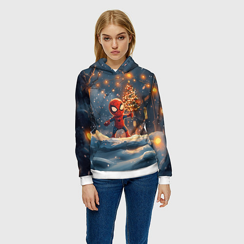 Женская толстовка Маленький человек-паук держит елку / 3D-Белый – фото 3