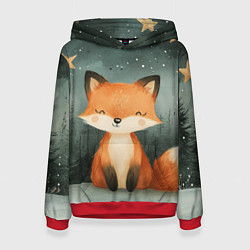 Толстовка-худи женская Лисица в новогоднем лесу, цвет: 3D-красный