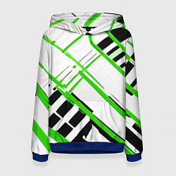 Толстовка-худи женская Зелёно-чёрные полосы на белом фоне, цвет: 3D-синий