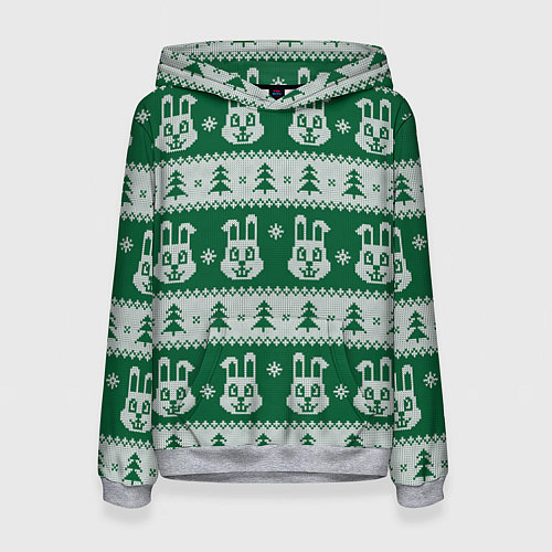 Женская толстовка Вязаный зимний узор с зайцами и ёлками / 3D-Меланж – фото 1