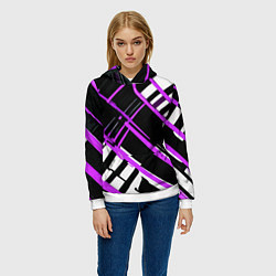 Толстовка-худи женская Фиолетово-белые линии на чёрном фоне, цвет: 3D-белый — фото 2