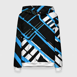 Толстовка-худи женская Сине-белые линии на чёрном фоне, цвет: 3D-белый