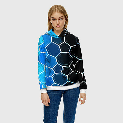 Женская толстовка Белые шестиугольники на чёрно-синем фоне / 3D-Белый – фото 3