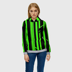 Толстовка-худи женская Толстые зелёные полосы на чёрном фоне, цвет: 3D-меланж — фото 2