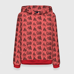 Толстовка-худи женская Новогодние звери на красном, цвет: 3D-красный