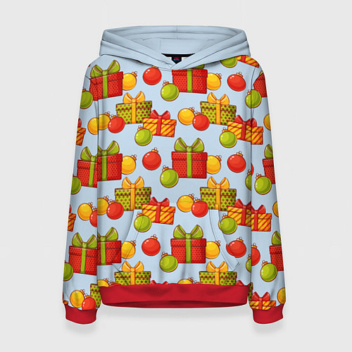 Женская толстовка Новогодний паттерн с подарками и ёлочными шариками / 3D-Красный – фото 1