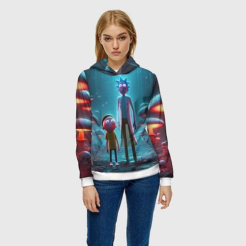Женская толстовка Морти и Рик в сказочном неоновом грибном лесу / 3D-Белый – фото 3