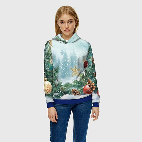 Женская толстовка Золотые снежинки - новогодний фон / 3D-Синий – фото 3