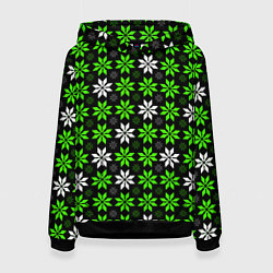 Толстовка-худи женская Бело-зелёные звёзды на чёрном фоне, цвет: 3D-черный