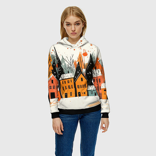 Женская толстовка Оранжевые зимние домики / 3D-Черный – фото 3